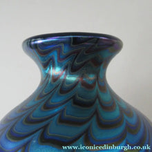 Load image into Gallery viewer, Vintage OKRA Glass PERFUME BOTTLE with Lustres, Silver-Blue Iridescent Layer, Peacock Trails and White Banding
