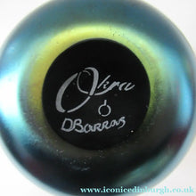 Load image into Gallery viewer, Vintage OKRA Glass PERFUME BOTTLE with Lustres, Silver-Blue Iridescent Layer, Peacock Trails and White Banding
