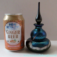 Load image into Gallery viewer, Vintage OKRA Glass PERFUME BOTTLE with Lustres, Silver-Blue Iridescent Layer, Peacock Trails and White Banding
