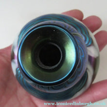 Load image into Gallery viewer, Vintage OKRA Glass PERFUME BOTTLE with Lustres, Silver-Blue Iridescent Layer, Peacock Trails and White Banding
