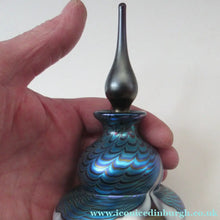 Load image into Gallery viewer, Vintage OKRA Glass PERFUME BOTTLE with Lustres, Silver-Blue Iridescent Layer, Peacock Trails and White Banding
