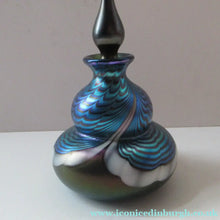 Load image into Gallery viewer, Vintage OKRA Glass PERFUME BOTTLE with Lustres, Silver-Blue Iridescent Layer, Peacock Trails and White Banding
