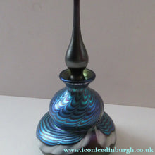 Load image into Gallery viewer, Vintage OKRA Glass PERFUME BOTTLE with Lustres, Silver-Blue Iridescent Layer, Peacock Trails and White Banding
