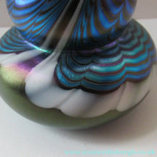 Load image into Gallery viewer, Vintage OKRA Glass PERFUME BOTTLE with Lustres, Silver-Blue Iridescent Layer, Peacock Trails and White Banding
