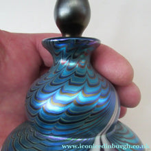 Load image into Gallery viewer, Vintage OKRA Glass PERFUME BOTTLE with Lustres, Silver-Blue Iridescent Layer, Peacock Trails and White Banding
