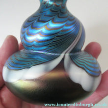 Load image into Gallery viewer, Vintage OKRA Glass PERFUME BOTTLE with Lustres, Silver-Blue Iridescent Layer, Peacock Trails and White Banding
