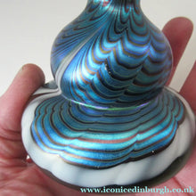 Load image into Gallery viewer, Vintage OKRA Glass PERFUME BOTTLE with Lustres, Silver-Blue Iridescent Layer, Peacock Trails and White Banding
