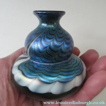 Load image into Gallery viewer, Vintage OKRA Glass PERFUME BOTTLE with Lustres, Silver-Blue Iridescent Layer, Peacock Trails and White Banding
