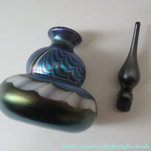 Load image into Gallery viewer, Vintage OKRA Glass PERFUME BOTTLE with Lustres, Silver-Blue Iridescent Layer, Peacock Trails and White Banding
