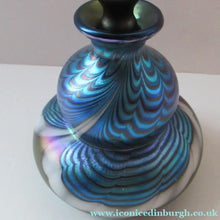 Load image into Gallery viewer, Vintage OKRA Glass PERFUME BOTTLE with Lustres, Silver-Blue Iridescent Layer, Peacock Trails and White Banding
