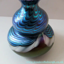 Load image into Gallery viewer, Vintage OKRA Glass PERFUME BOTTLE with Lustres, Silver-Blue Iridescent Layer, Peacock Trails and White Banding

