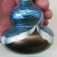 Load image into Gallery viewer, Vintage OKRA Glass PERFUME BOTTLE with Lustres, Silver-Blue Iridescent Layer, Peacock Trails and White Banding
