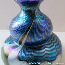 Load image into Gallery viewer, Vintage OKRA Glass PERFUME BOTTLE with Lustres, Silver-Blue Iridescent Layer, Peacock Trails and White Banding
