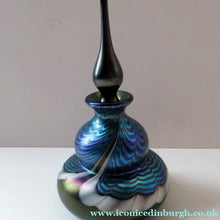 Load image into Gallery viewer, Vintage OKRA Glass PERFUME BOTTLE with Lustres, Silver-Blue Iridescent Layer, Peacock Trails and White Banding
