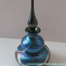 Load image into Gallery viewer, Vintage OKRA Glass PERFUME BOTTLE with Lustres, Silver-Blue Iridescent Layer, Peacock Trails and White Banding
