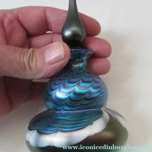 Load image into Gallery viewer, Vintage OKRA Glass PERFUME BOTTLE with Lustres, Silver-Blue Iridescent Layer, Peacock Trails and White Banding
