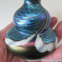 Load image into Gallery viewer, Vintage OKRA Glass PERFUME BOTTLE with Lustres, Silver-Blue Iridescent Layer, Peacock Trails and White Banding
