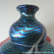 Load image into Gallery viewer, Vintage OKRA Glass PERFUME BOTTLE with Lustres, Silver-Blue Iridescent Layer, Peacock Trails and White Banding
