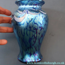Load image into Gallery viewer, Vintage OKRA Glass Vase with Cobalt Blue Body and Mottled Lustres and Scrolls by Sarah Elizabeth Cowan. SIGNED
