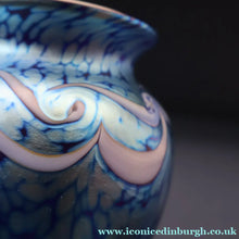Load image into Gallery viewer, Vintage OKRA Glass Vase with Cobalt Blue Body and Mottled Lustres and Scrolls by Sarah Elizabeth Cowan. SIGNED

