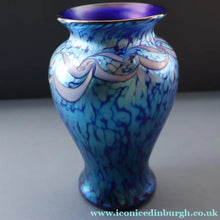 Load image into Gallery viewer, Vintage OKRA Glass Vase with Cobalt Blue Body and Mottled Lustres and Scrolls by Sarah Elizabeth Cowan. SIGNED
