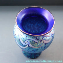 Load image into Gallery viewer, Vintage OKRA Glass Vase with Cobalt Blue Body and Mottled Lustres and Scrolls by Sarah Elizabeth Cowan. SIGNED
