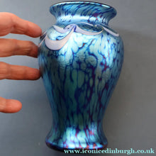 Load image into Gallery viewer, Vintage OKRA Glass Vase with Cobalt Blue Body and Mottled Lustres and Scrolls by Sarah Elizabeth Cowan. SIGNED
