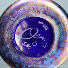 Load image into Gallery viewer, Vintage OKRA Glass Vase with Cobalt Blue Body and Mottled Lustres and Scrolls by Sarah Elizabeth Cowan. SIGNED

