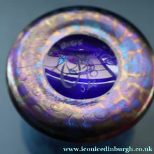 Load image into Gallery viewer, Vintage OKRA Glass Vase with Cobalt Blue Body and Mottled Lustres and Scrolls by Sarah Elizabeth Cowan. SIGNED
