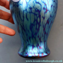 Load image into Gallery viewer, Vintage OKRA Glass Vase with Cobalt Blue Body and Mottled Lustres and Scrolls by Sarah Elizabeth Cowan. SIGNED
