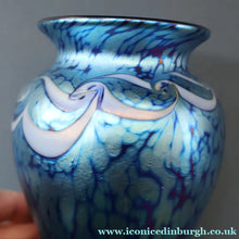 Load image into Gallery viewer, Vintage OKRA Glass Vase with Cobalt Blue Body and Mottled Lustres and Scrolls by Sarah Elizabeth Cowan. SIGNED
