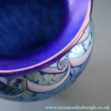 Load image into Gallery viewer, Vintage OKRA Glass Vase with Cobalt Blue Body and Mottled Lustres and Scrolls by Sarah Elizabeth Cowan. SIGNED

