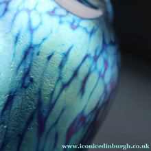 Load image into Gallery viewer, Vintage OKRA Glass Vase with Cobalt Blue Body and Mottled Lustres and Scrolls by Sarah Elizabeth Cowan. SIGNED
