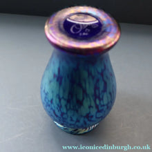 Load image into Gallery viewer, Vintage OKRA Glass Vase with Cobalt Blue Body and Mottled Lustres and Scrolls by Sarah Elizabeth Cowan. SIGNED
