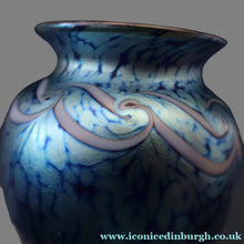 Load image into Gallery viewer, Vintage OKRA Glass Vase with Cobalt Blue Body and Mottled Lustres and Scrolls by Sarah Elizabeth Cowan. SIGNED
