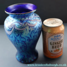 Load image into Gallery viewer, Vintage OKRA Glass Vase with Cobalt Blue Body and Mottled Lustres and Scrolls by Sarah Elizabeth Cowan. SIGNED
