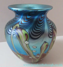 Load image into Gallery viewer, Vintage OKRA Glass Vase with Lustres, Peacock Trails and Tiny White Flowers
