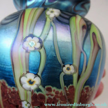 Load image into Gallery viewer, Vintage OKRA Glass Vase with Lustres, Peacock Trails and Tiny White Flowers
