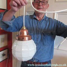 Load image into Gallery viewer, 1930s Art Deco White Glass Pendant Hanging LIght Shade with Copper Fittings
