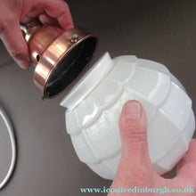 Load image into Gallery viewer, 1930s Art Deco White Glass Pendant Hanging LIght Shade with Copper Fittings

