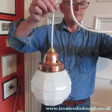 Load image into Gallery viewer, 1930s Art Deco White Glass Pendant Hanging LIght Shade with Copper Fittings
