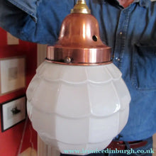 Load image into Gallery viewer, 1930s Art Deco White Glass Pendant Hanging LIght Shade with Copper Fittings
