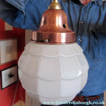 Load image into Gallery viewer, 1930s Art Deco White Glass Pendant Hanging LIght Shade with Copper Fittings
