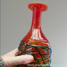 Load image into Gallery viewer, Unusual Vintage Red Glass MDINA Bottle Vase Decorated Externally with Applied Blue Trails
