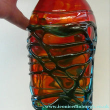 Load image into Gallery viewer, Unusual Vintage Red Glass MDINA Bottle Vase Decorated Externally with Applied Blue Trails
