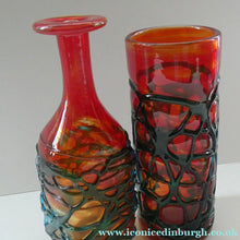 Load image into Gallery viewer, Unusual Vintage Red Glass MDINA Bottle Vase Decorated Externally with Applied Blue Trails - European Glass

