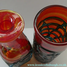 Load image into Gallery viewer, Unusual Vintage Red Glass MDINA Bottle Vase Decorated Externally with Applied Blue Trails - European Glass
