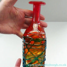 Load image into Gallery viewer, Unusual Vintage Red Glass MDINA Bottle Vase Decorated Externally with Applied Blue Trails
