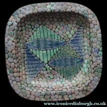 Load image into Gallery viewer, STUDIO POTTERY Heavy Dish or Platter with Strange Fish Design. The Decoration is all made of dots to resemble shagreen. Fully signed to the rear
