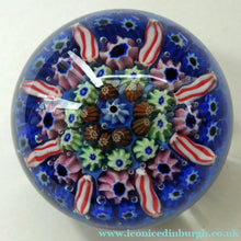 Load image into Gallery viewer, Vintage Scottish Paperweight 1950s VASART GLASS. Blue Ground with Eight Half Spokes and Millefiori Canes
